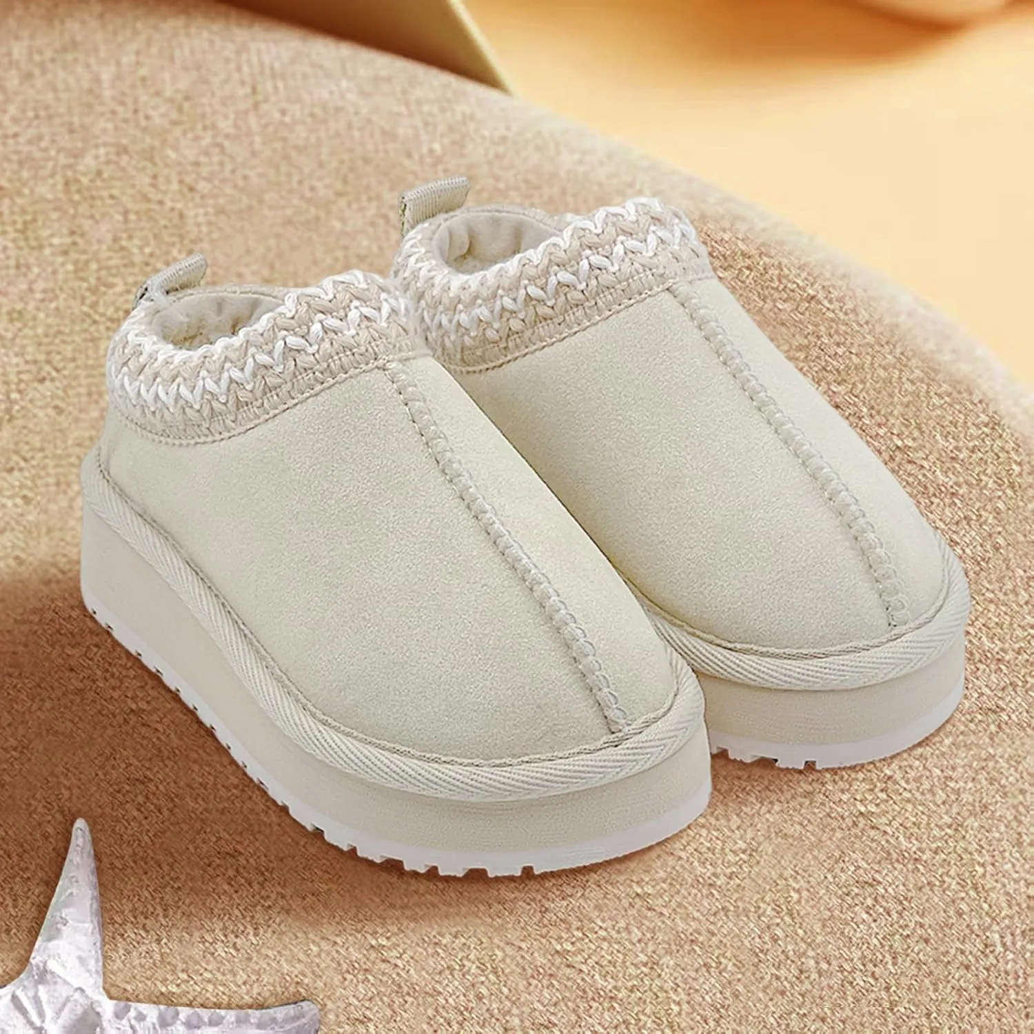 Kids Platform Slippers - Cozy Faux Fur Lined Warm Indoor Outdoor Home Plush Mini Boots for Little and Big Kids