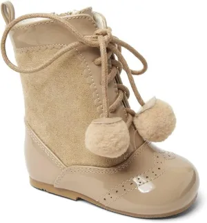 Kids Sienna Patent Unisex Brogue Ankle Boots with Lace-Up & Pom-Pom in 6 Multi Colours