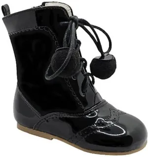 Kids Sienna Patent Unisex Brogue Ankle Boots with Lace-Up & Pom-Pom in 6 Multi Colours