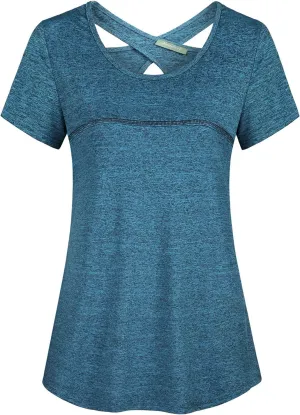 Kimmery Woman Short Sleeve Round Neck Criss Cross Back Yoga Shirt