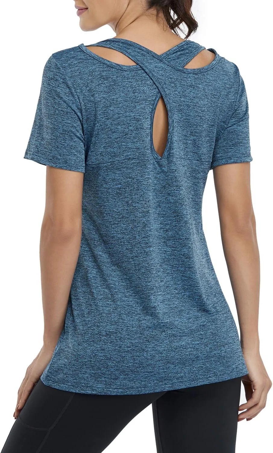 Kimmery Woman Short Sleeve Round Neck Criss Cross Back Yoga Shirt