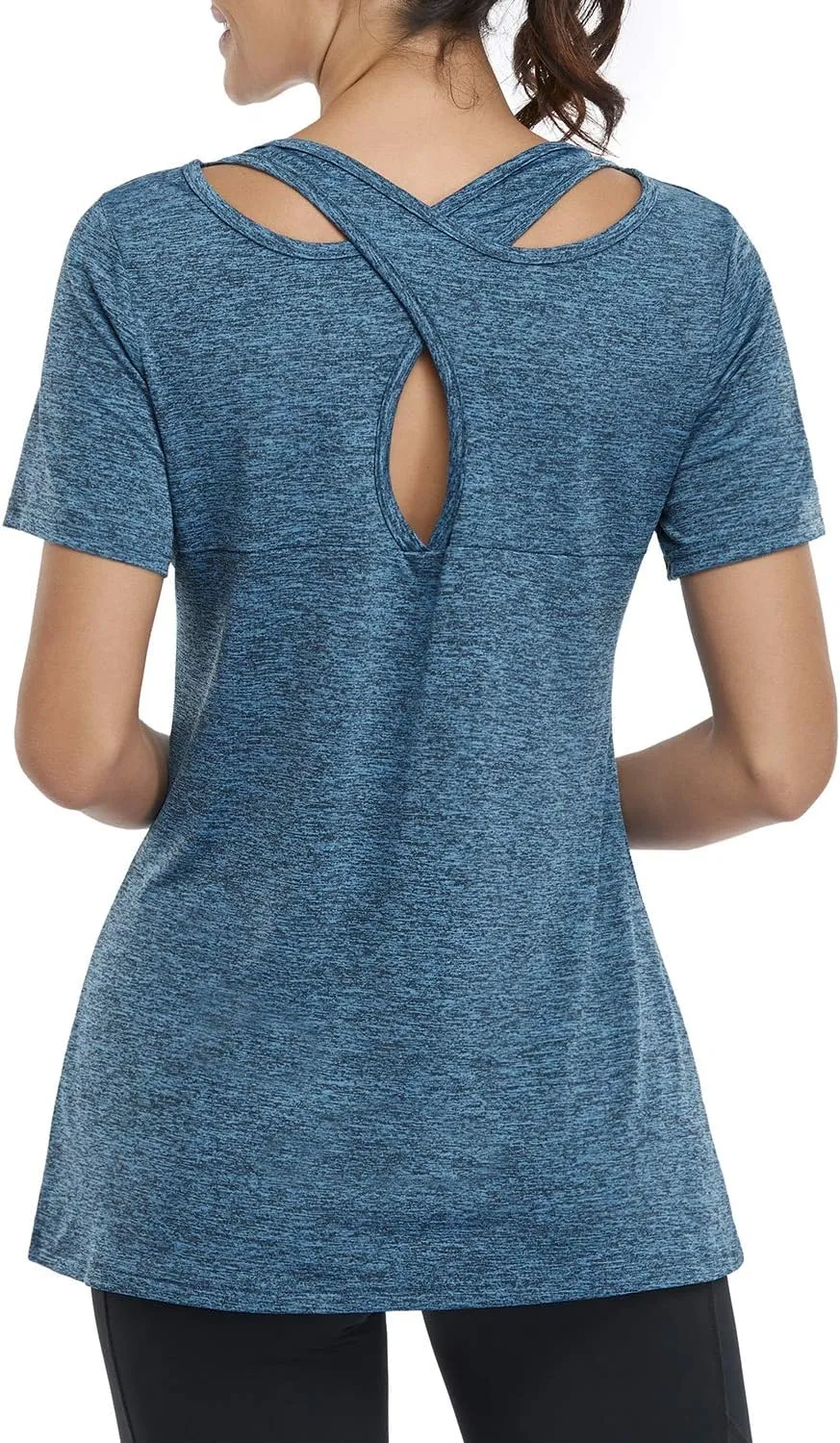 Kimmery Woman Short Sleeve Round Neck Criss Cross Back Yoga Shirt
