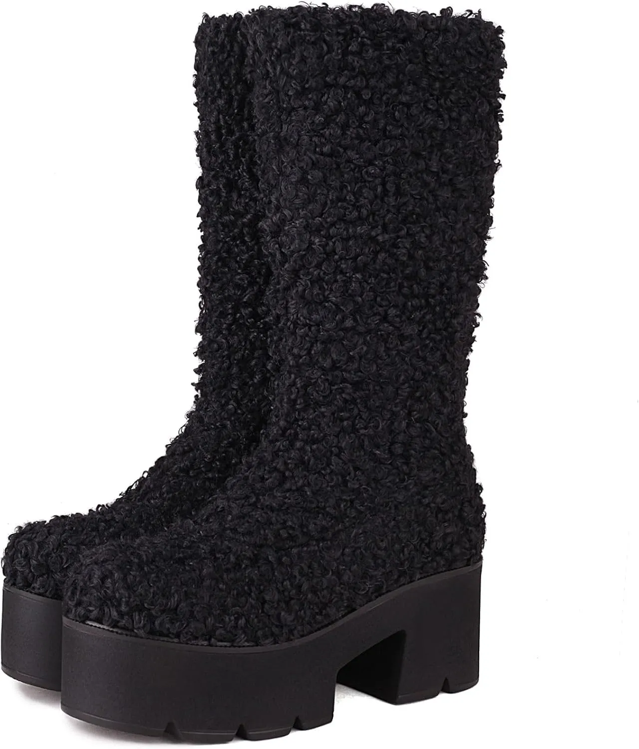 KISSASA Mid Calf Fluffy Furry Boots Warm Platform Chunky High Heel Pull On Boots Fashion Winter Boots