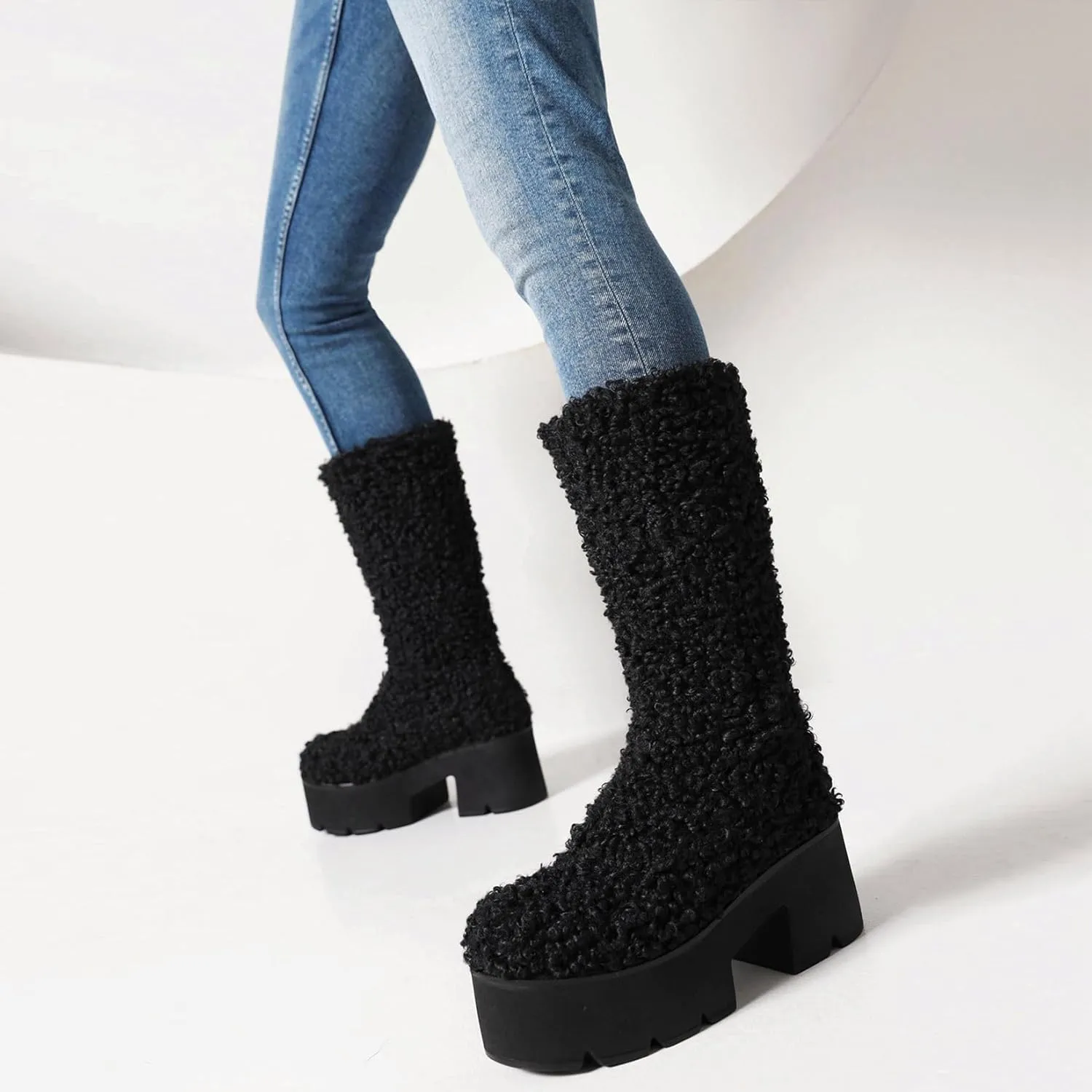 KISSASA Mid Calf Fluffy Furry Boots Warm Platform Chunky High Heel Pull On Boots Fashion Winter Boots