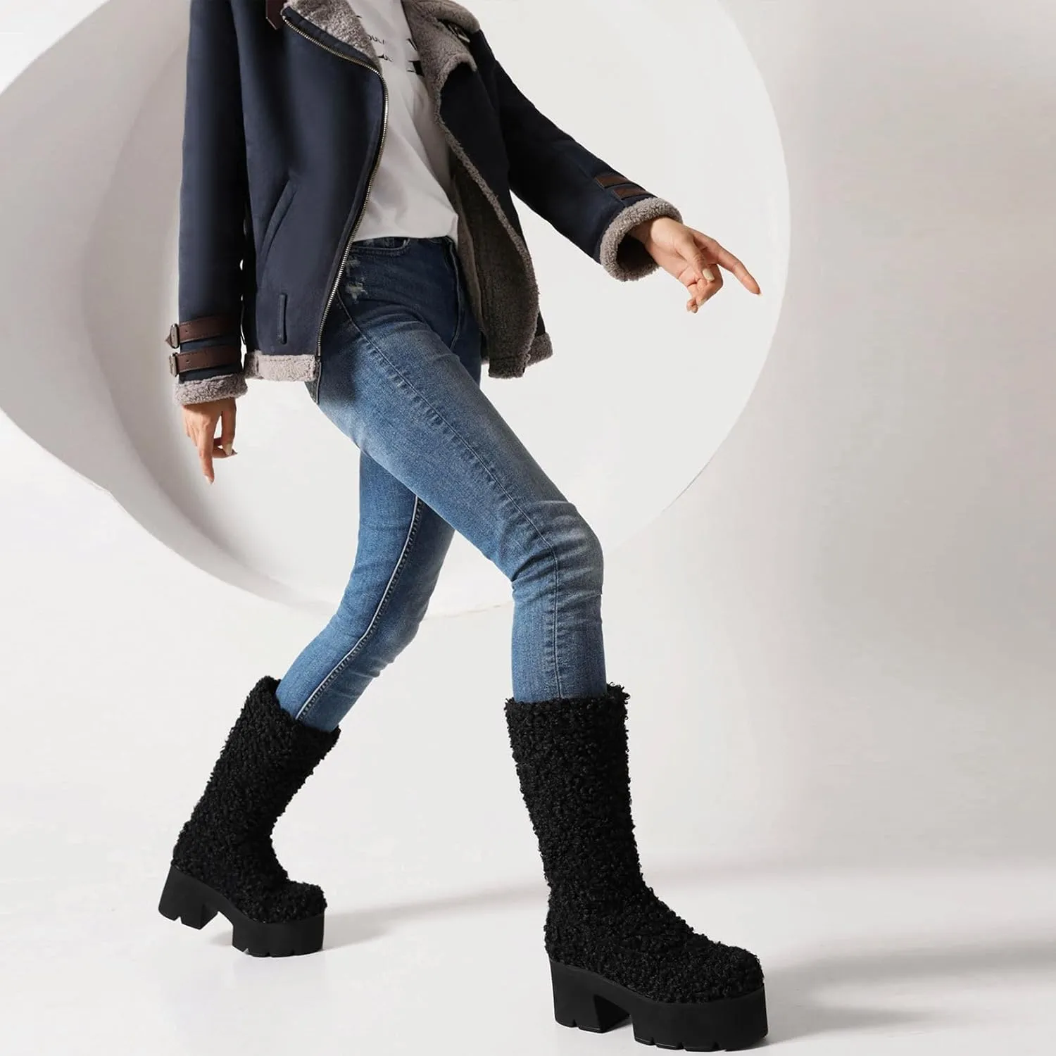 KISSASA Mid Calf Fluffy Furry Boots Warm Platform Chunky High Heel Pull On Boots Fashion Winter Boots