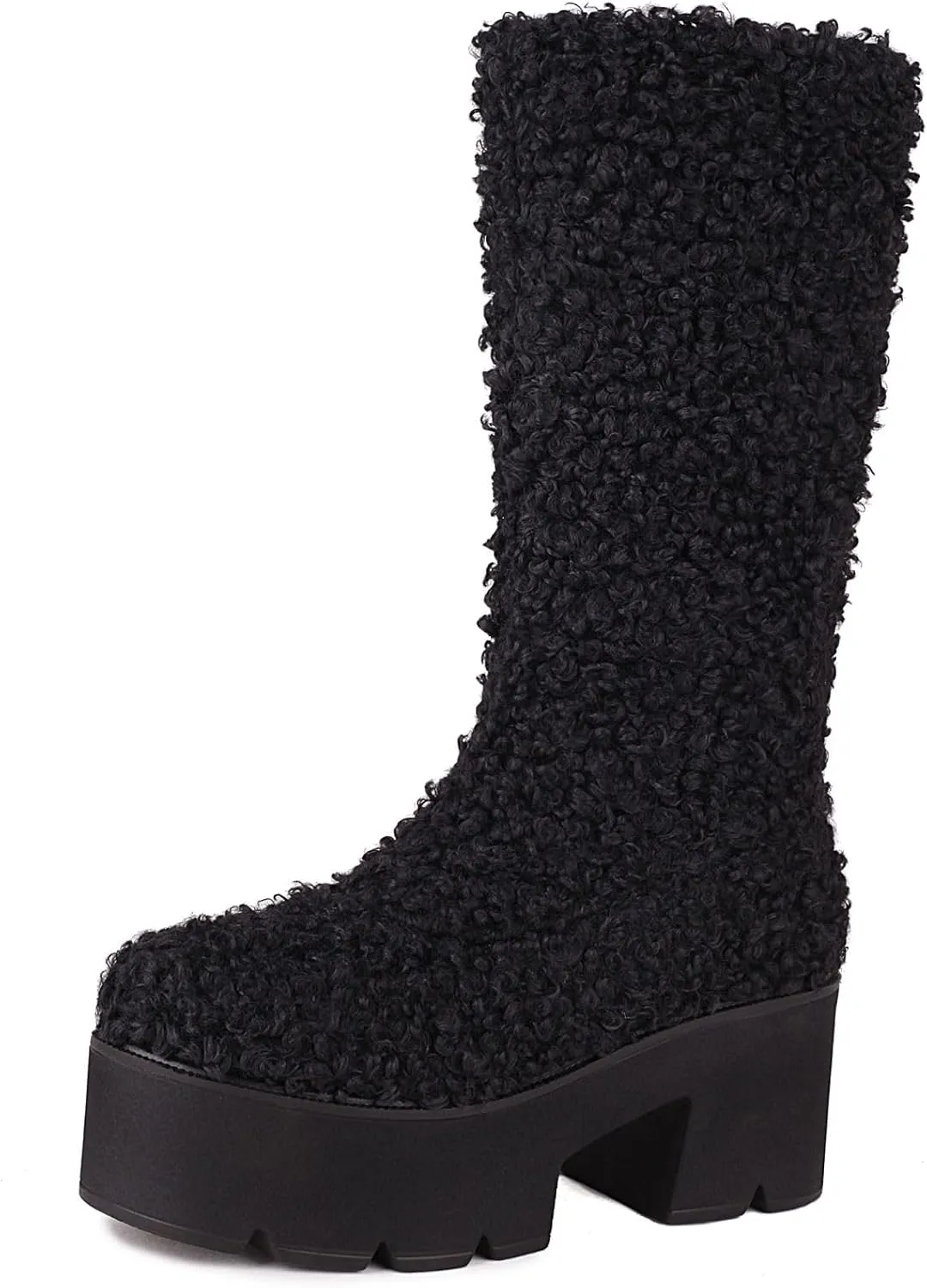 KISSASA Mid Calf Fluffy Furry Boots Warm Platform Chunky High Heel Pull On Boots Fashion Winter Boots