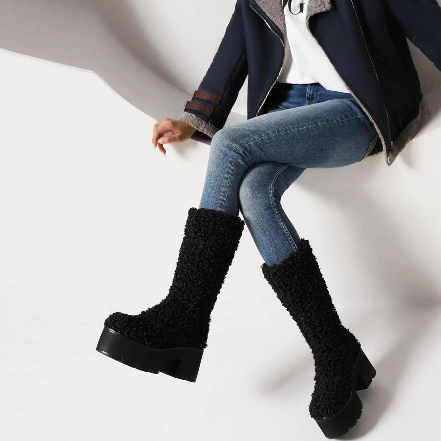 KISSASA Mid Calf Fluffy Furry Boots Warm Platform Chunky High Heel Pull On Boots Fashion Winter Boots