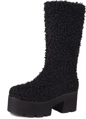 KISSASA Mid Calf Fluffy Furry Boots Warm Platform Chunky High Heel Pull On Boots Fashion Winter Boots