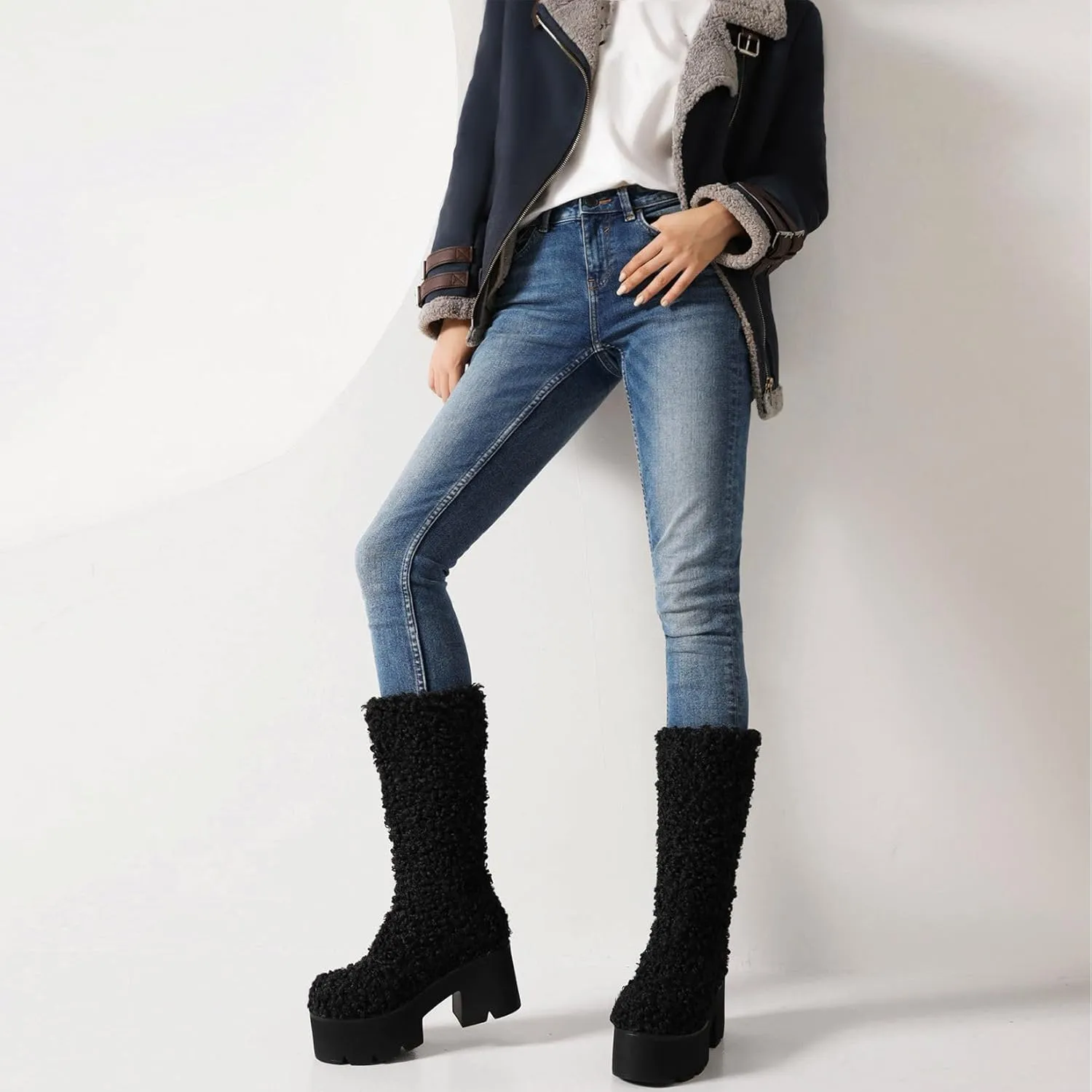 KISSASA Mid Calf Fluffy Furry Boots Warm Platform Chunky High Heel Pull On Boots Fashion Winter Boots
