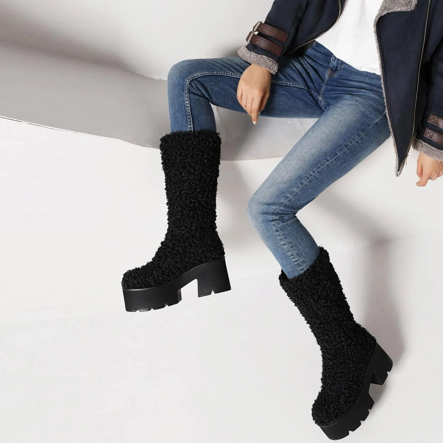 KISSASA Mid Calf Fluffy Furry Boots Warm Platform Chunky High Heel Pull On Boots Fashion Winter Boots