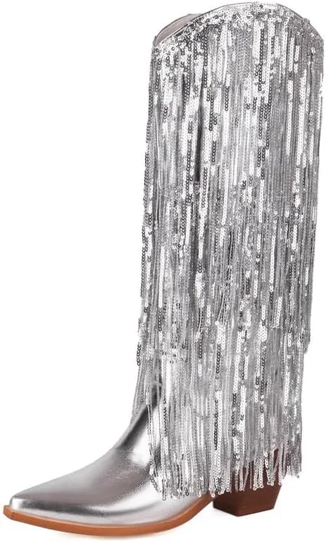 KISSASA Sequin Fringe Mid Calf Cowgirl Boots Metallic Cowboy Boots Chunky Heel Pull On Western Boots