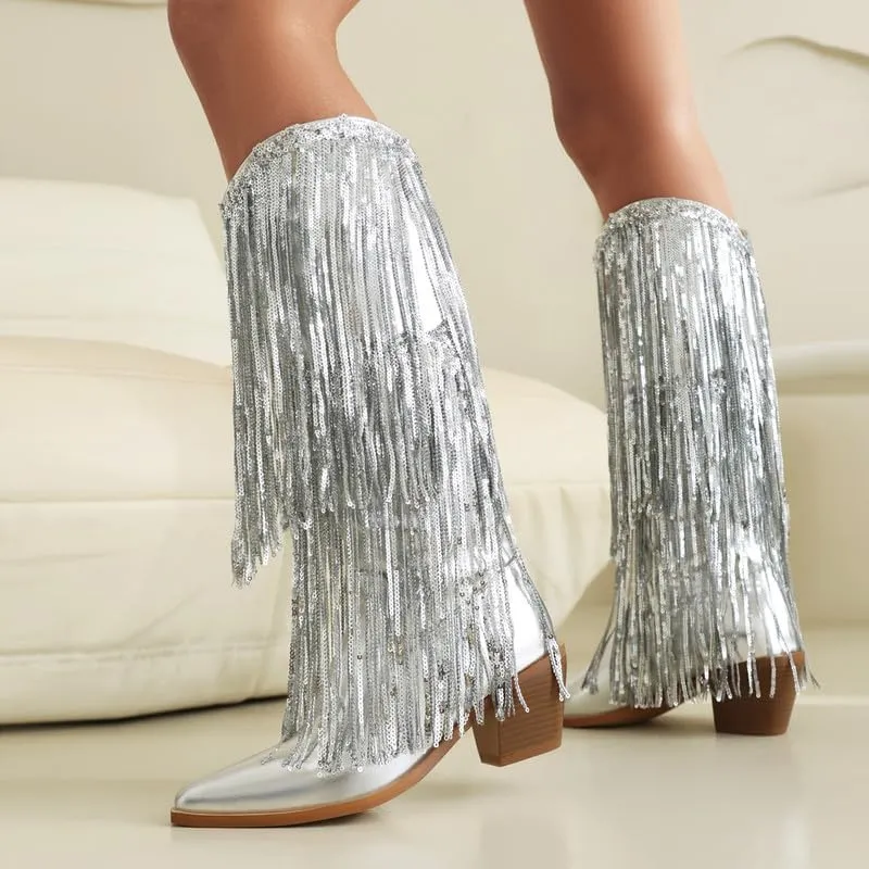 KISSASA Sequin Fringe Mid Calf Cowgirl Boots Metallic Cowboy Boots Chunky Heel Pull On Western Boots