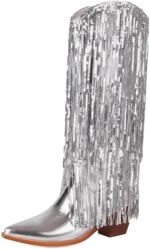 KISSASA Sequin Fringe Mid Calf Cowgirl Boots Metallic Cowboy Boots Chunky Heel Pull On Western Boots