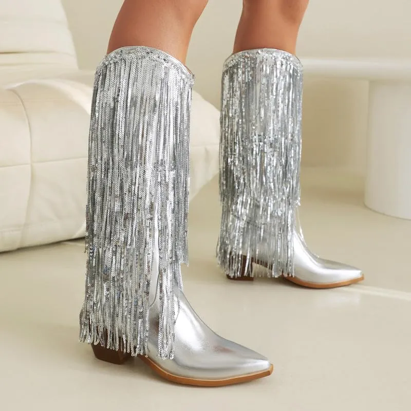KISSASA Sequin Fringe Mid Calf Cowgirl Boots Metallic Cowboy Boots Chunky Heel Pull On Western Boots