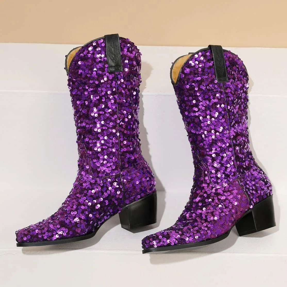 KISSASA Sequin Sparkly Mid Calf Cowboy Boots Glitter Wedding Chunky Heeled Cowgirl Boots