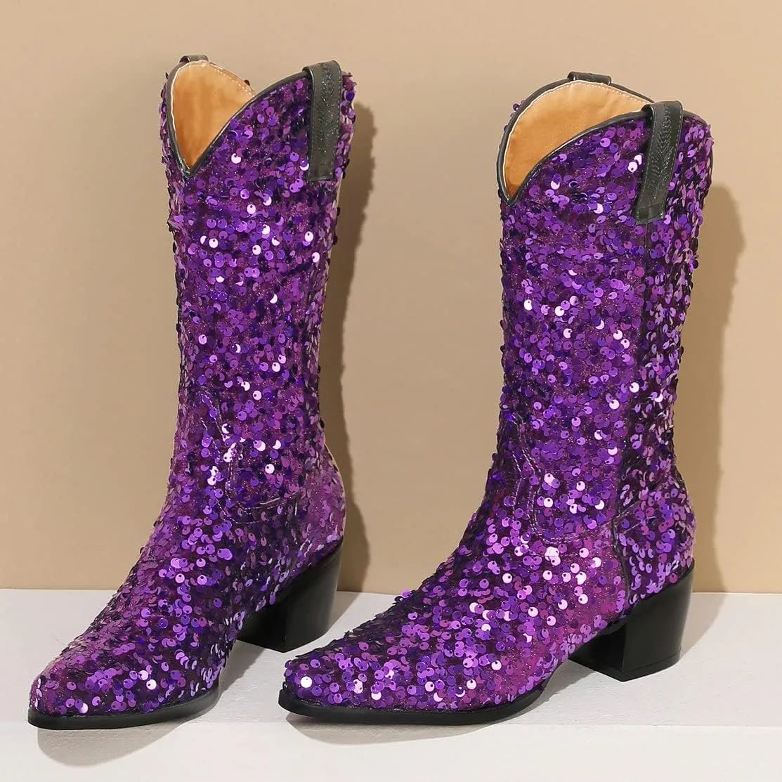 KISSASA Sequin Sparkly Mid Calf Cowboy Boots Glitter Wedding Chunky Heeled Cowgirl Boots