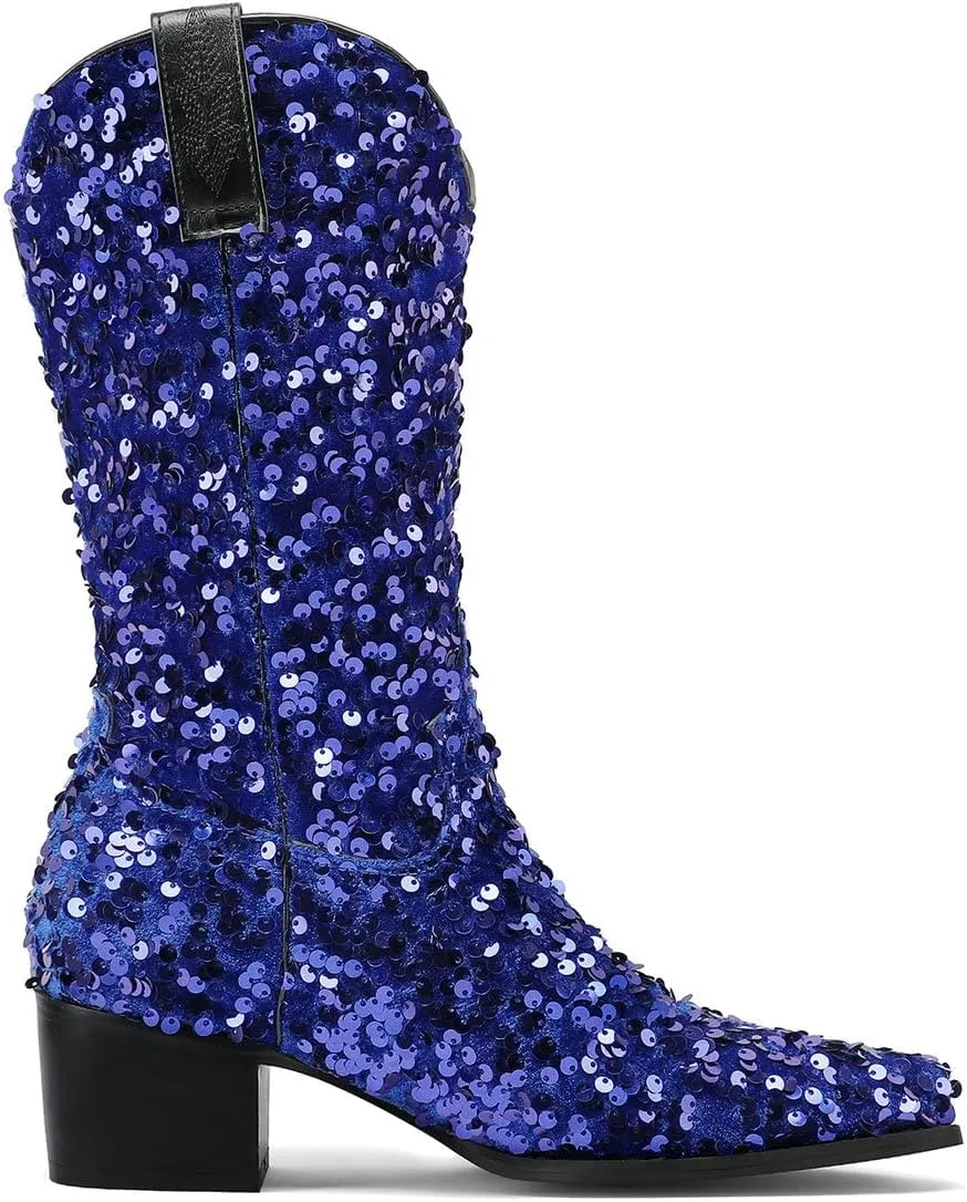 KISSASA Sequin Sparkly Mid Calf Cowboy Boots Glitter Wedding Chunky Heeled Cowgirl Boots