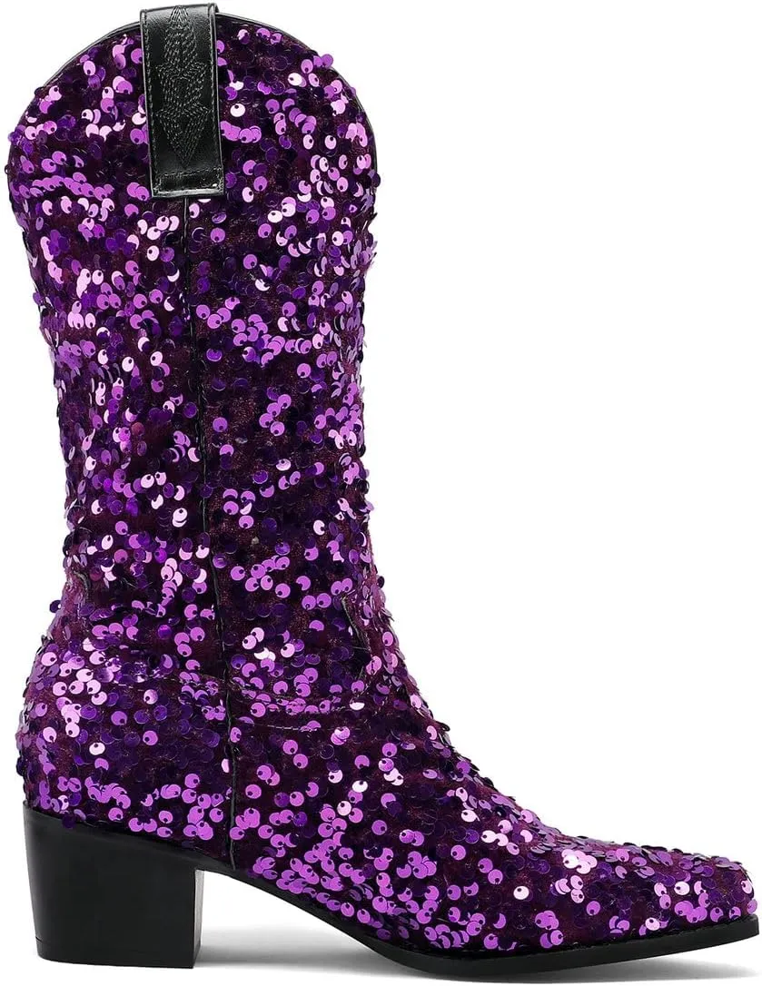 KISSASA Sequin Sparkly Mid Calf Cowboy Boots Glitter Wedding Chunky Heeled Cowgirl Boots