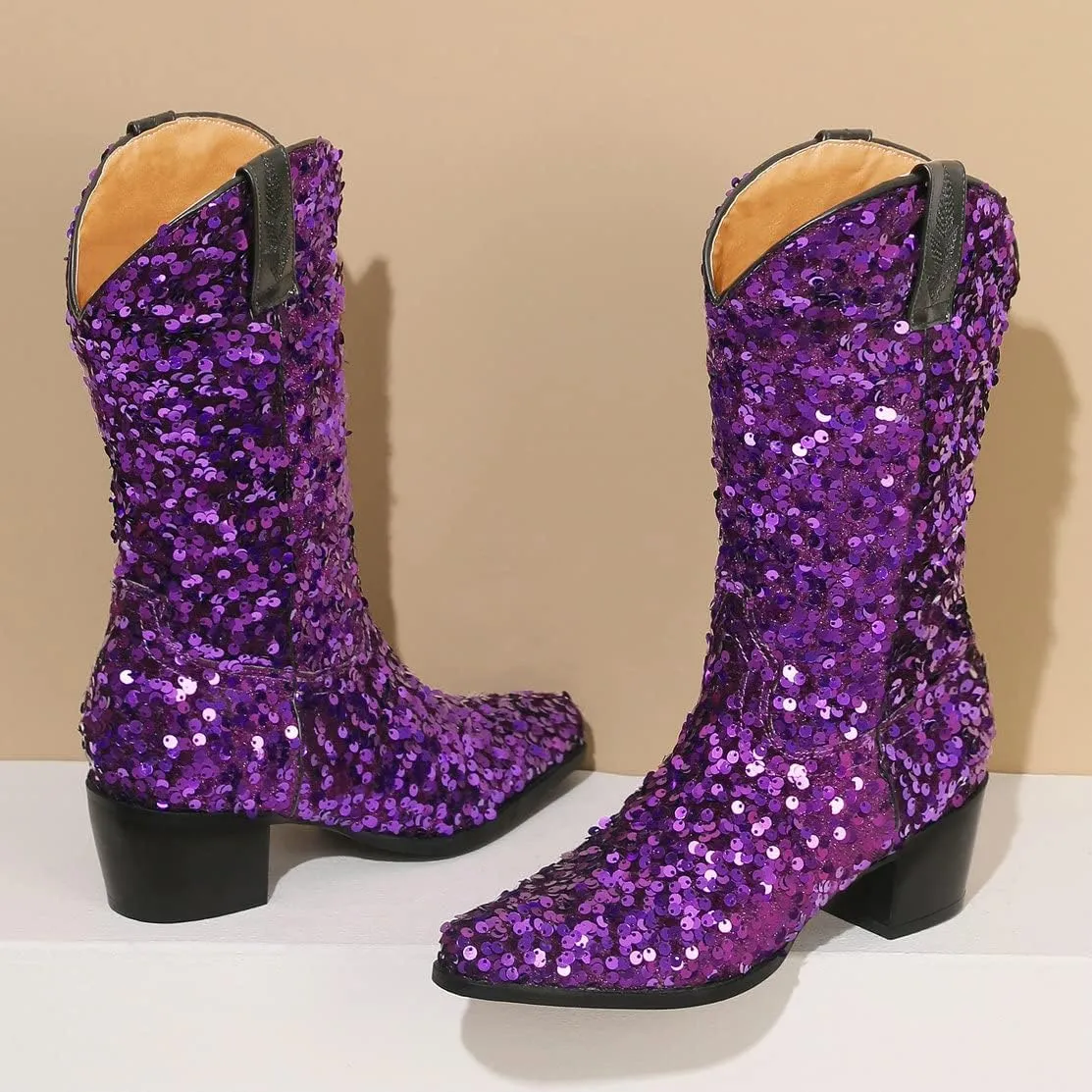 KISSASA Sequin Sparkly Mid Calf Cowboy Boots Glitter Wedding Chunky Heeled Cowgirl Boots
