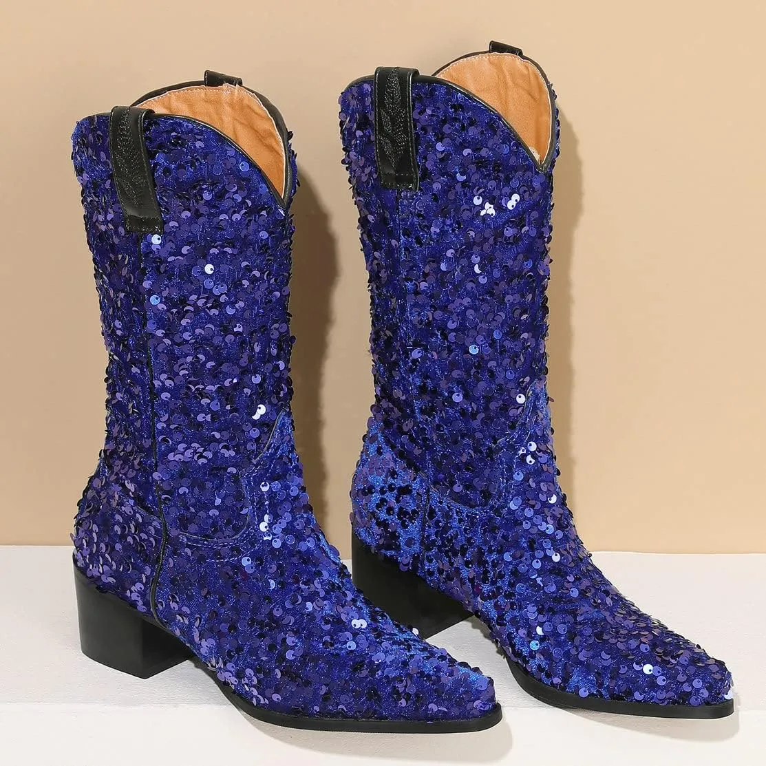 KISSASA Sequin Sparkly Mid Calf Cowboy Boots Glitter Wedding Chunky Heeled Cowgirl Boots