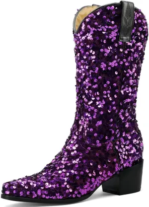 KISSASA Sequin Sparkly Mid Calf Cowboy Boots Glitter Wedding Chunky Heeled Cowgirl Boots