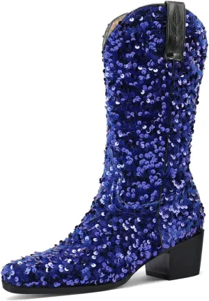 KISSASA Sequin Sparkly Mid Calf Cowboy Boots Glitter Wedding Chunky Heeled Cowgirl Boots