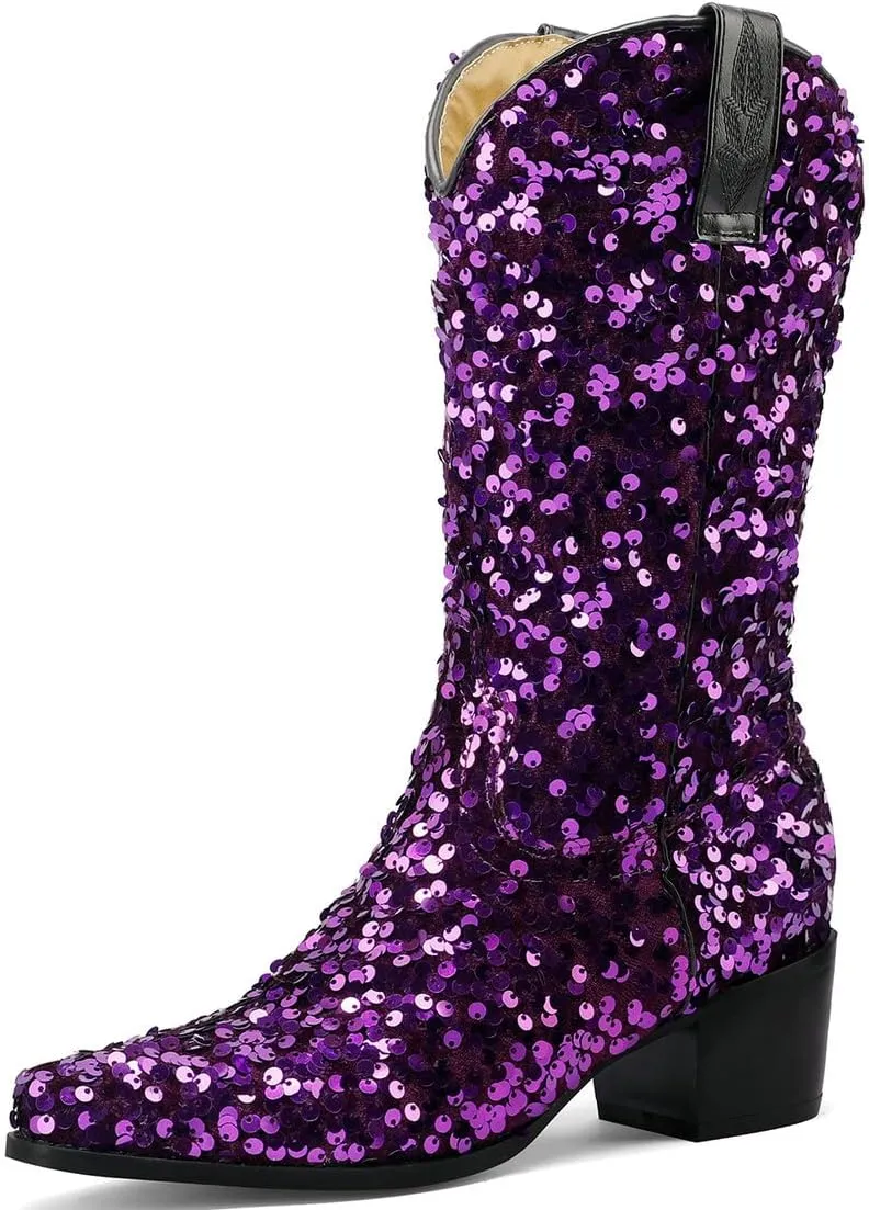 KISSASA Sequin Sparkly Mid Calf Cowboy Boots Glitter Wedding Chunky Heeled Cowgirl Boots