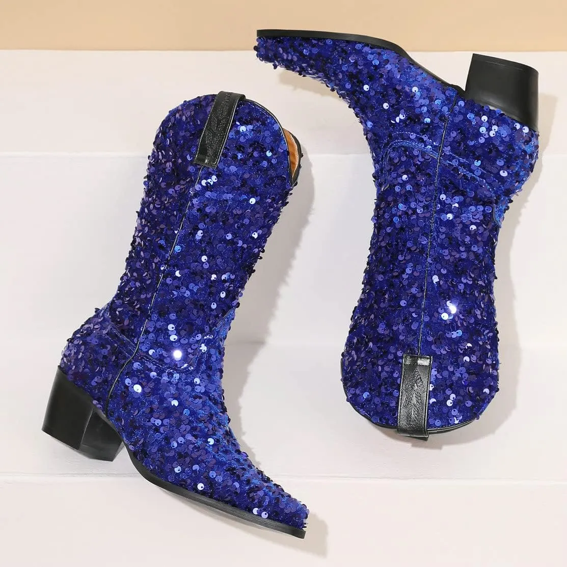 KISSASA Sequin Sparkly Mid Calf Cowboy Boots Glitter Wedding Chunky Heeled Cowgirl Boots