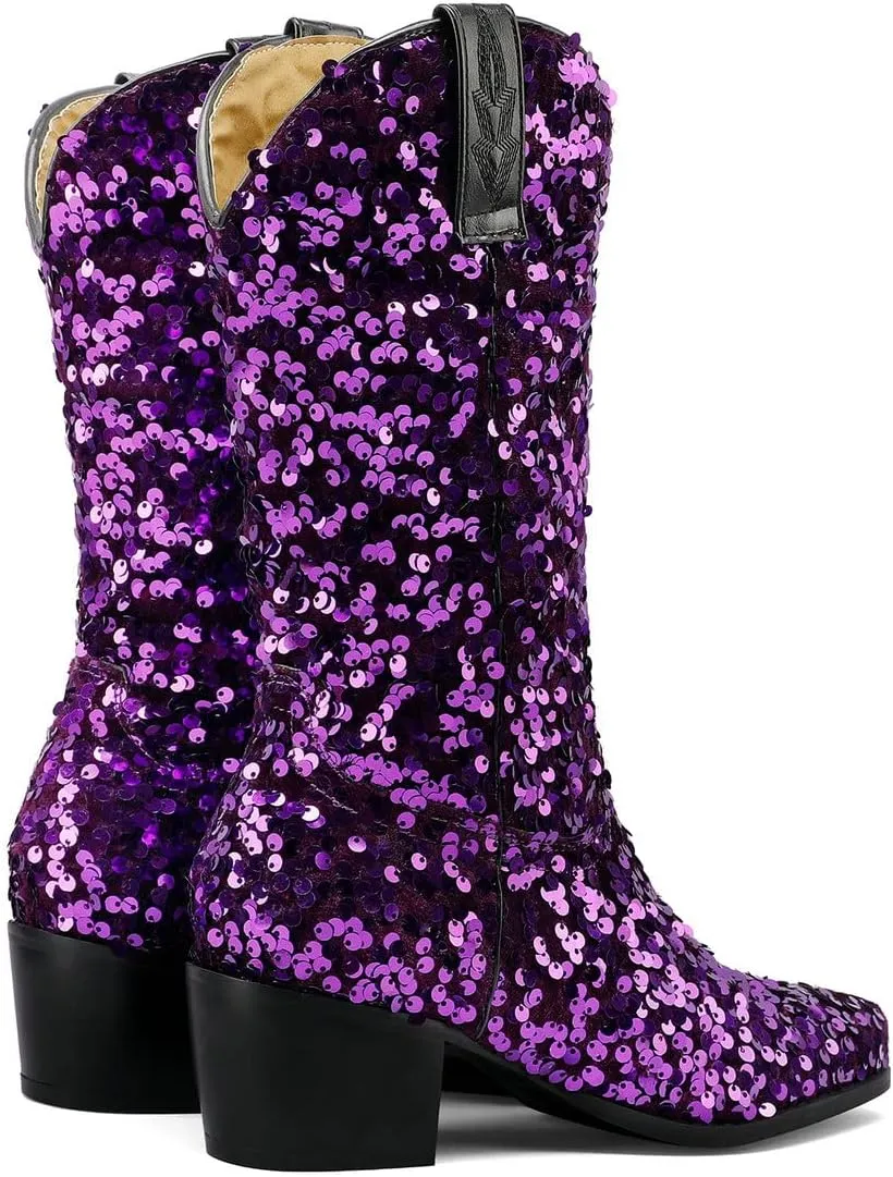 KISSASA Sequin Sparkly Mid Calf Cowboy Boots Glitter Wedding Chunky Heeled Cowgirl Boots