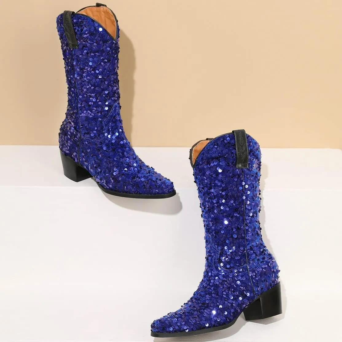 KISSASA Sequin Sparkly Mid Calf Cowboy Boots Glitter Wedding Chunky Heeled Cowgirl Boots