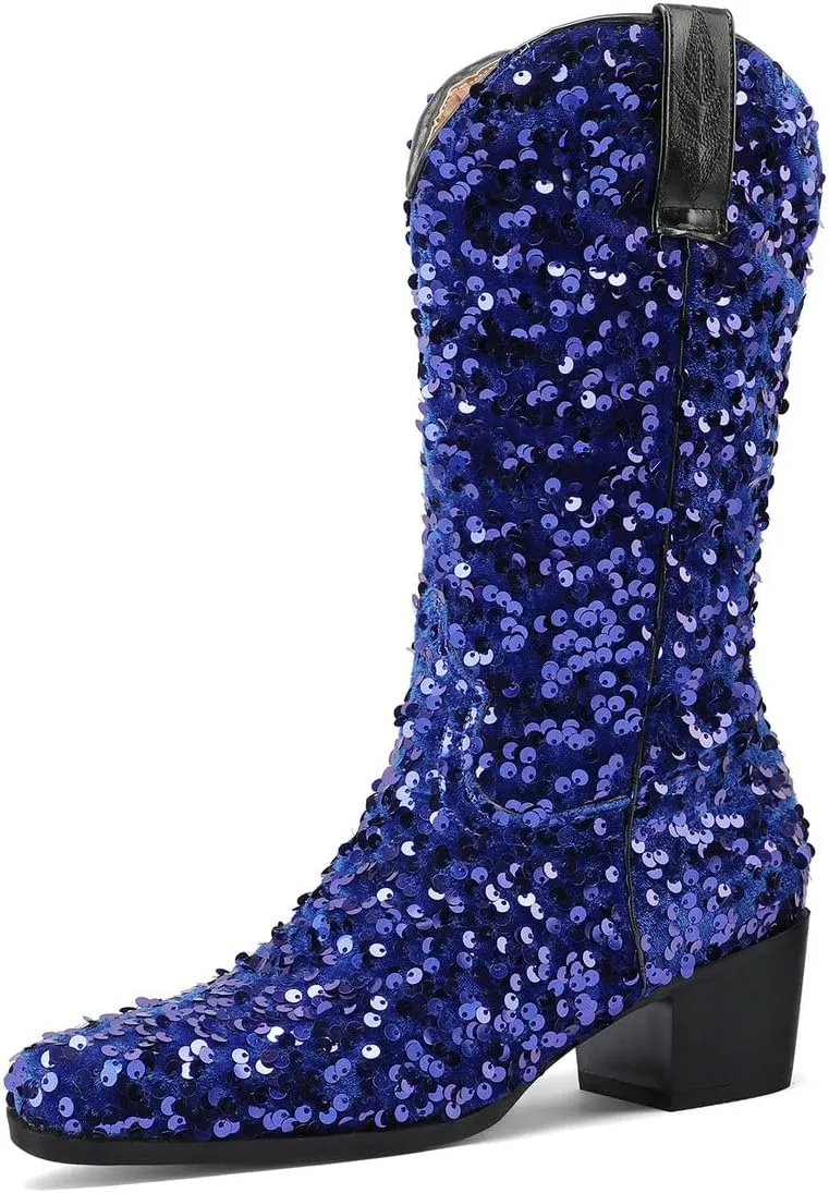 KISSASA Sequin Sparkly Mid Calf Cowboy Boots Glitter Wedding Chunky Heeled Cowgirl Boots