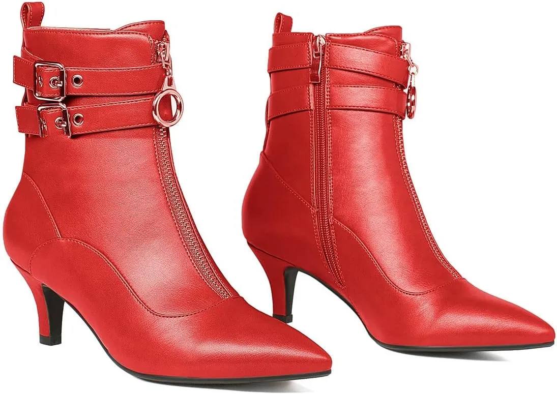 KISSASA Womens Buckle Strap Kitten Heel Booties Pointed Toe Zipper Ankle Boots