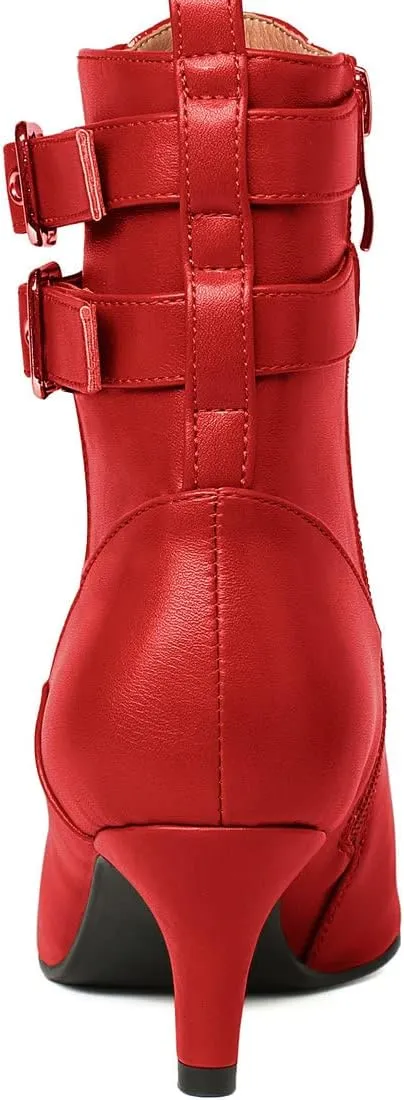 KISSASA Womens Buckle Strap Kitten Heel Booties Pointed Toe Zipper Ankle Boots