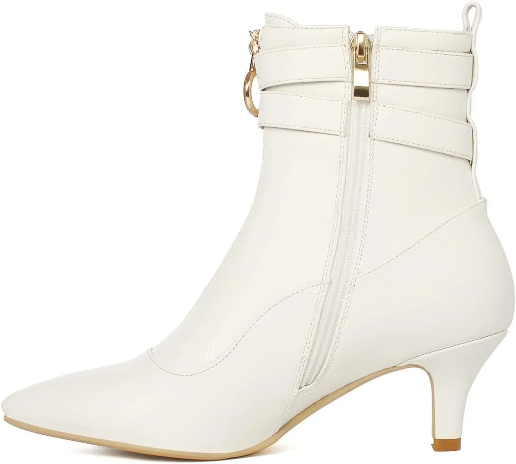 KISSASA Womens Buckle Strap Kitten Heel Booties Pointed Toe Zipper Ankle Boots
