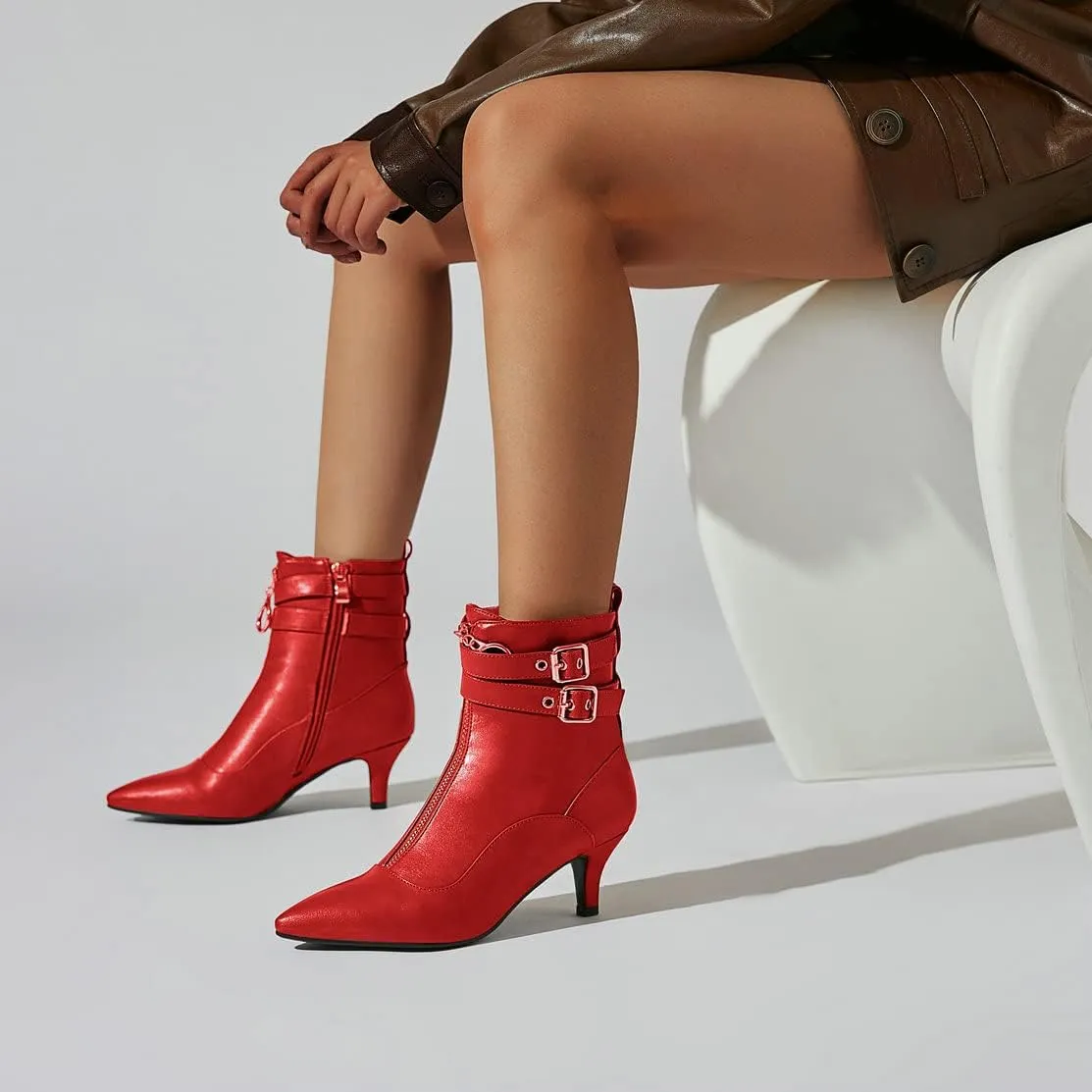 KISSASA Womens Buckle Strap Kitten Heel Booties Pointed Toe Zipper Ankle Boots