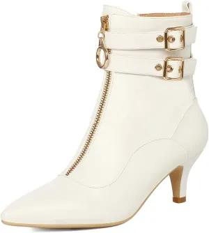 KISSASA Womens Buckle Strap Kitten Heel Booties Pointed Toe Zipper Ankle Boots