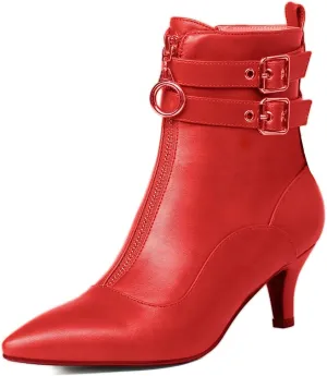 KISSASA Womens Buckle Strap Kitten Heel Booties Pointed Toe Zipper Ankle Boots
