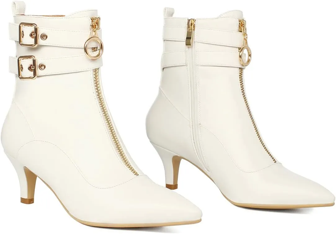 KISSASA Womens Buckle Strap Kitten Heel Booties Pointed Toe Zipper Ankle Boots