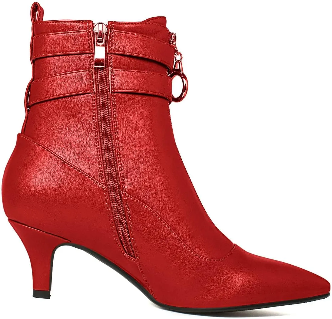 KISSASA Womens Buckle Strap Kitten Heel Booties Pointed Toe Zipper Ankle Boots