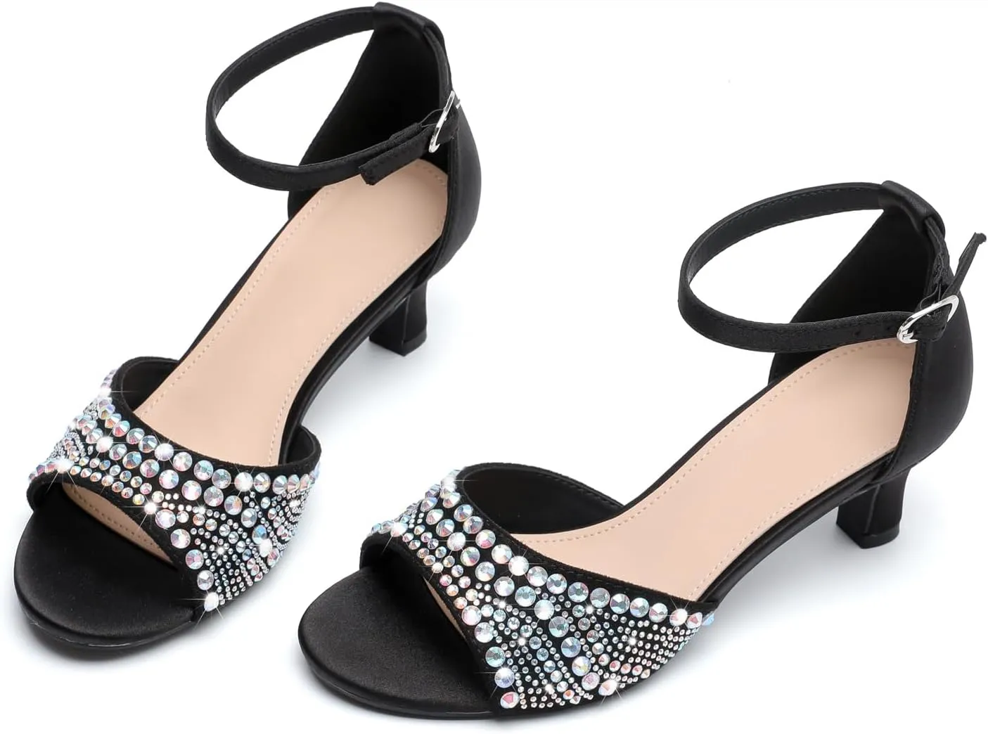 kkdom Women Rhinestone Low Kitten Heels Sandals Open Toe Ankle Strap Fashion Stilettos Buckle Office Wedding Dating Dress Shoes