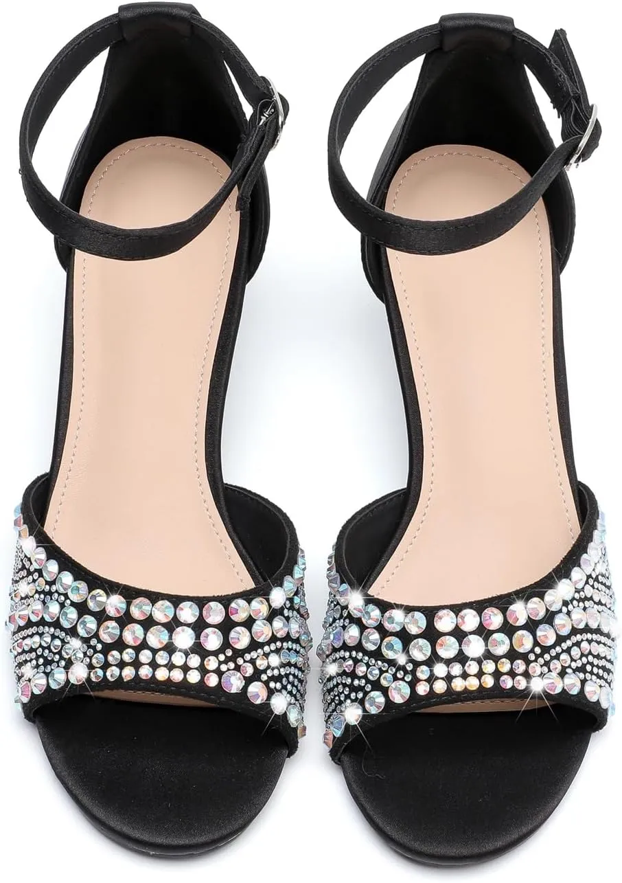 kkdom Women Rhinestone Low Kitten Heels Sandals Open Toe Ankle Strap Fashion Stilettos Buckle Office Wedding Dating Dress Shoes
