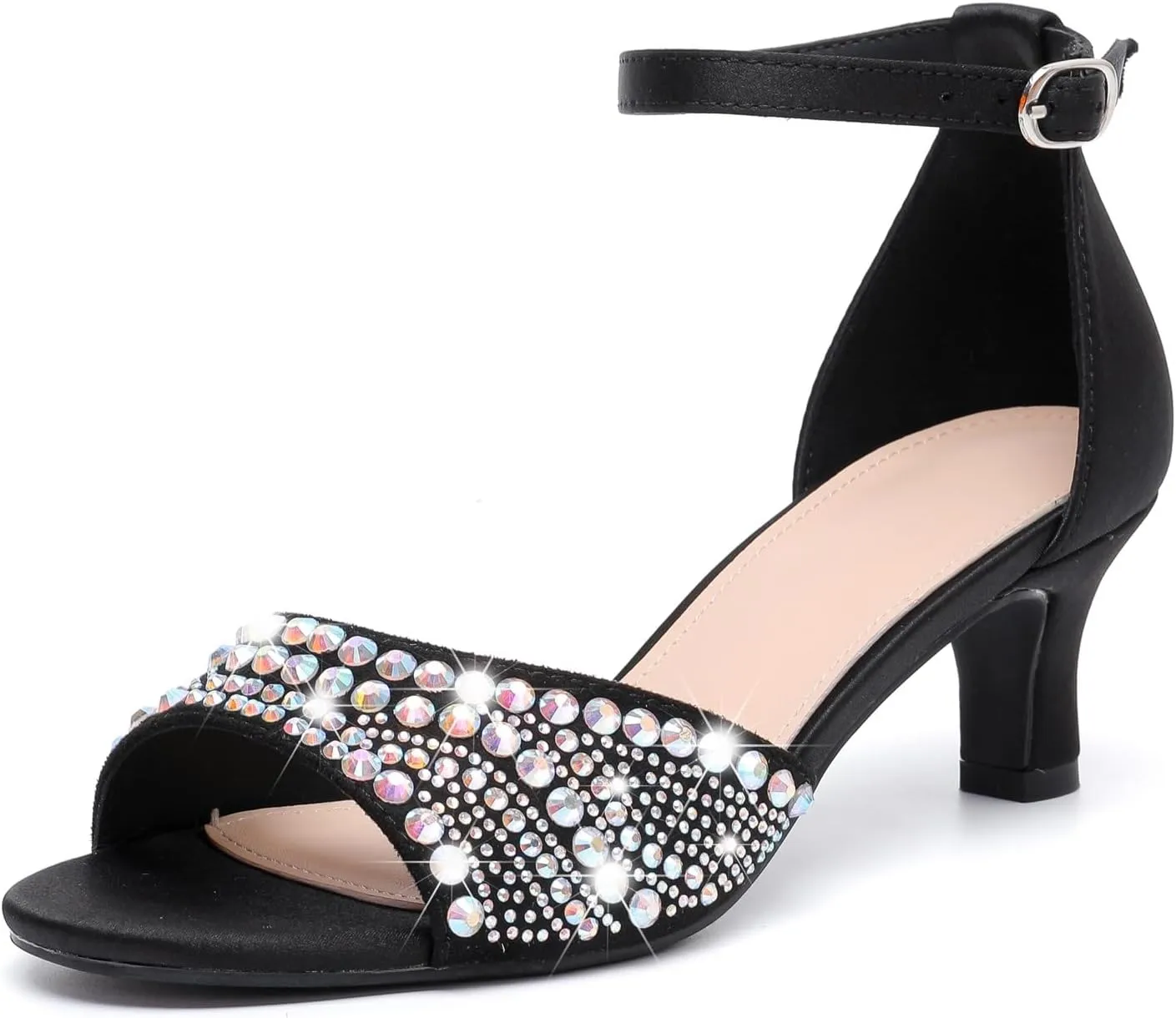 kkdom Women Rhinestone Low Kitten Heels Sandals Open Toe Ankle Strap Fashion Stilettos Buckle Office Wedding Dating Dress Shoes