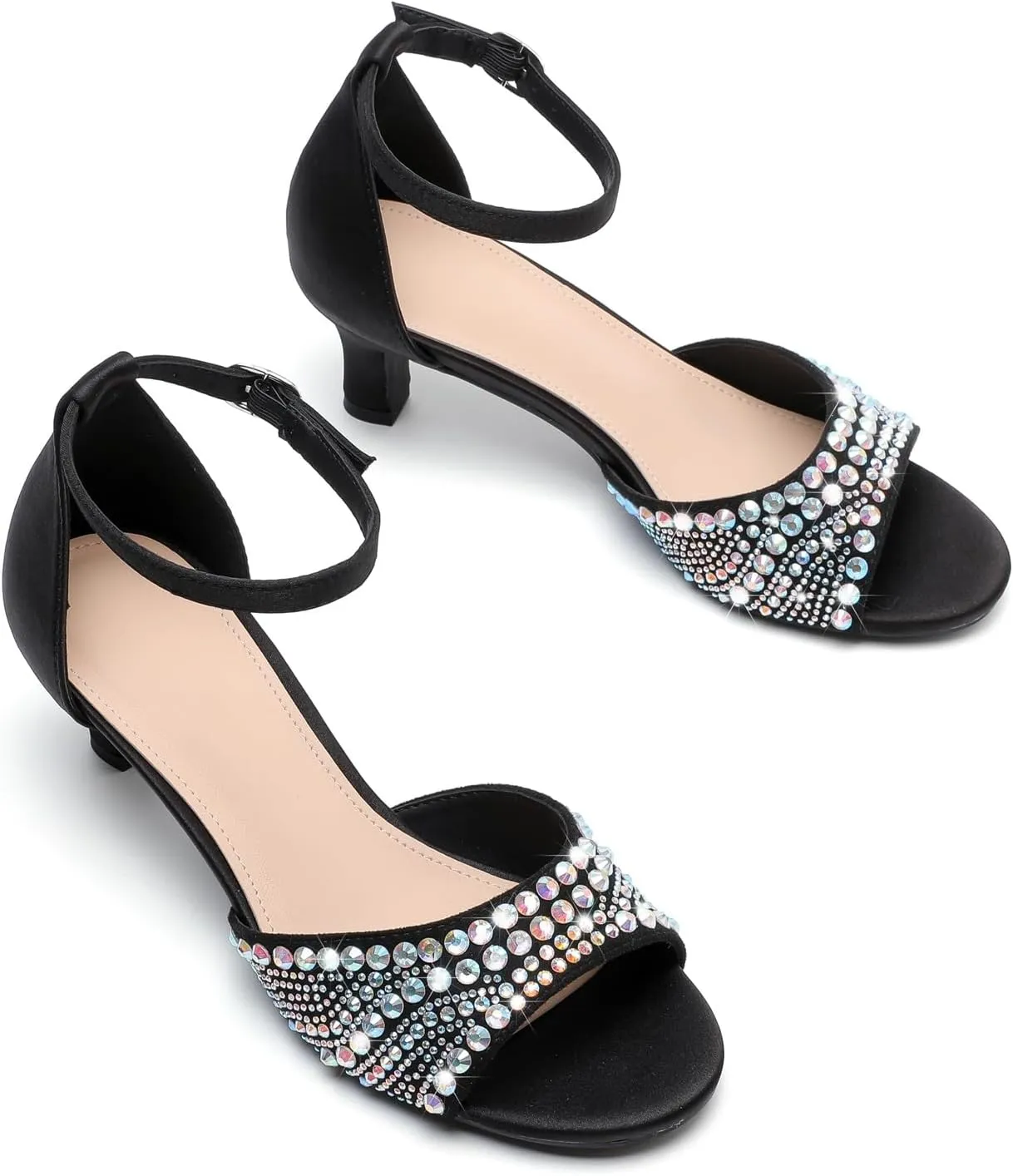 kkdom Women Rhinestone Low Kitten Heels Sandals Open Toe Ankle Strap Fashion Stilettos Buckle Office Wedding Dating Dress Shoes