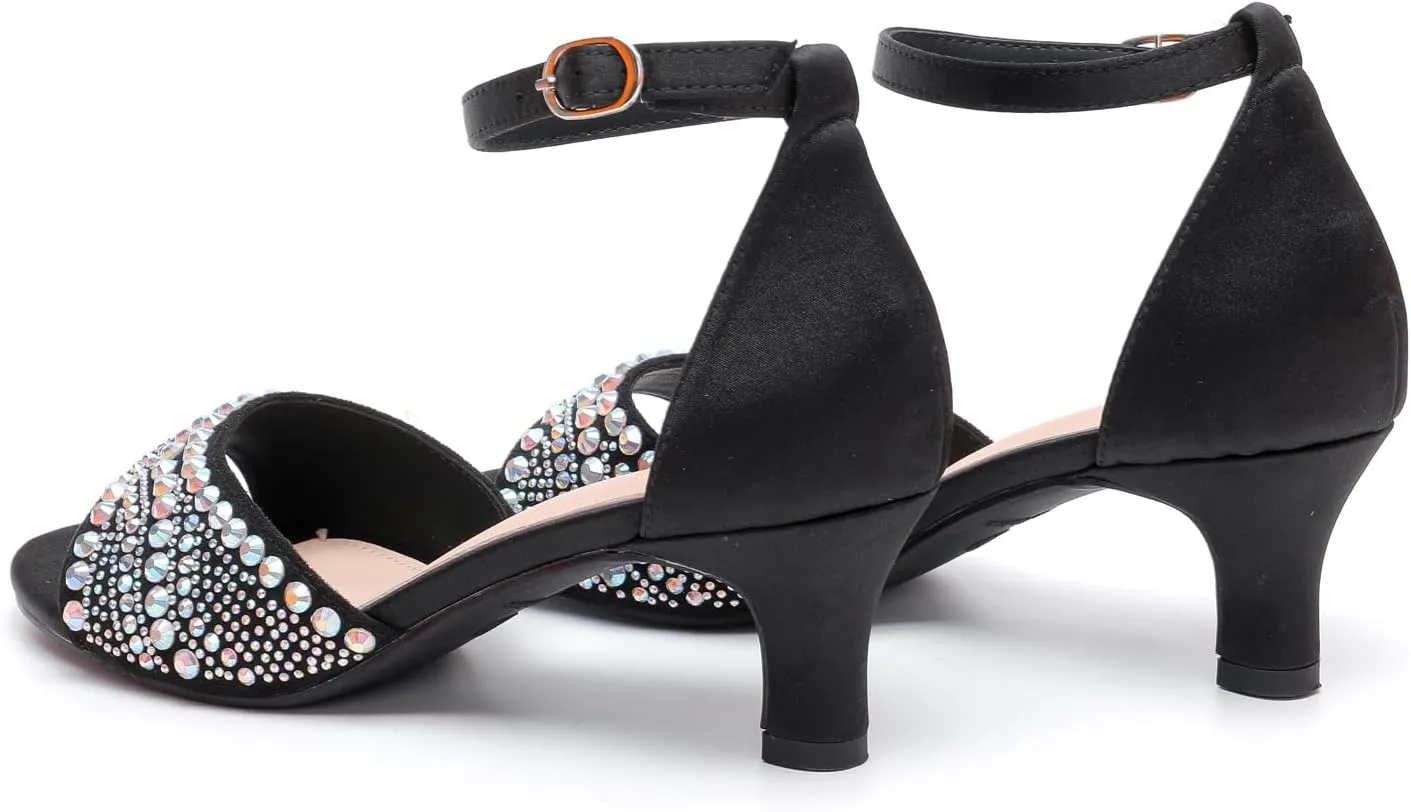 kkdom Women Rhinestone Low Kitten Heels Sandals Open Toe Ankle Strap Fashion Stilettos Buckle Office Wedding Dating Dress Shoes