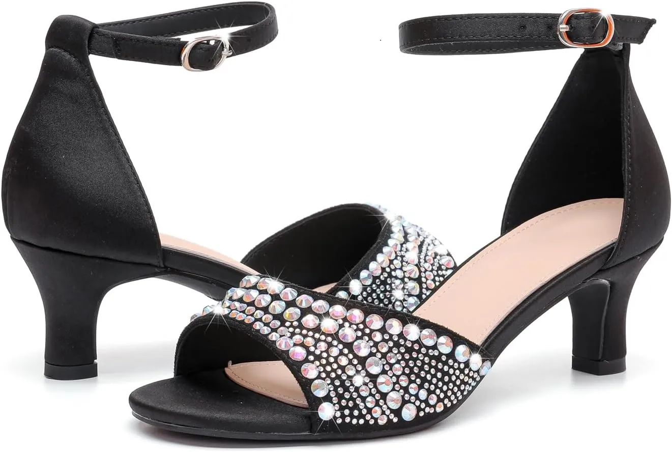 kkdom Women Rhinestone Low Kitten Heels Sandals Open Toe Ankle Strap Fashion Stilettos Buckle Office Wedding Dating Dress Shoes