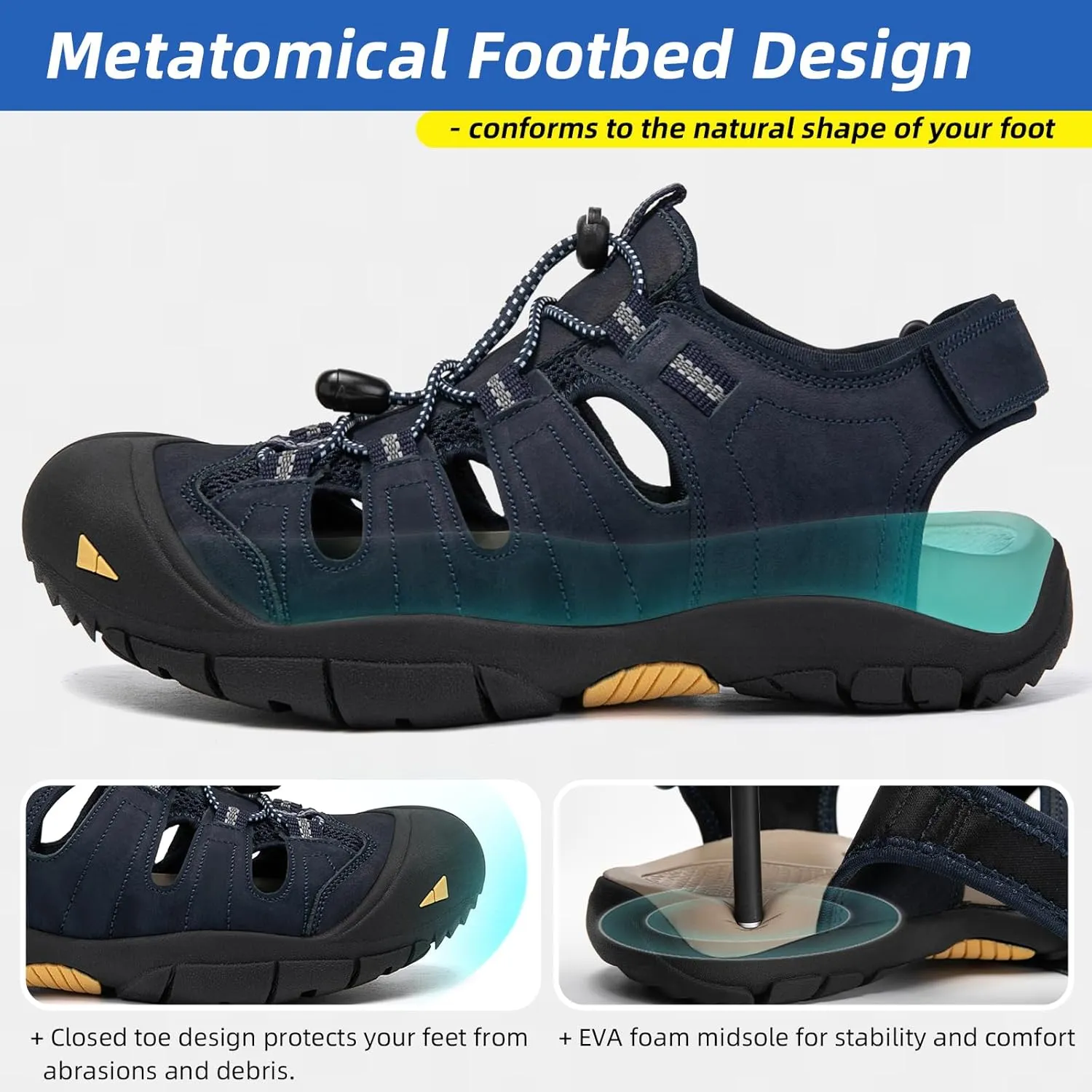 KOIMED Men's Hiking Leather Sandals Closed Toe Water Shoes For Summer Athletic Outdoor Walking Sports Trail River Fishing Wide Adjustable Waterproof Arch Support