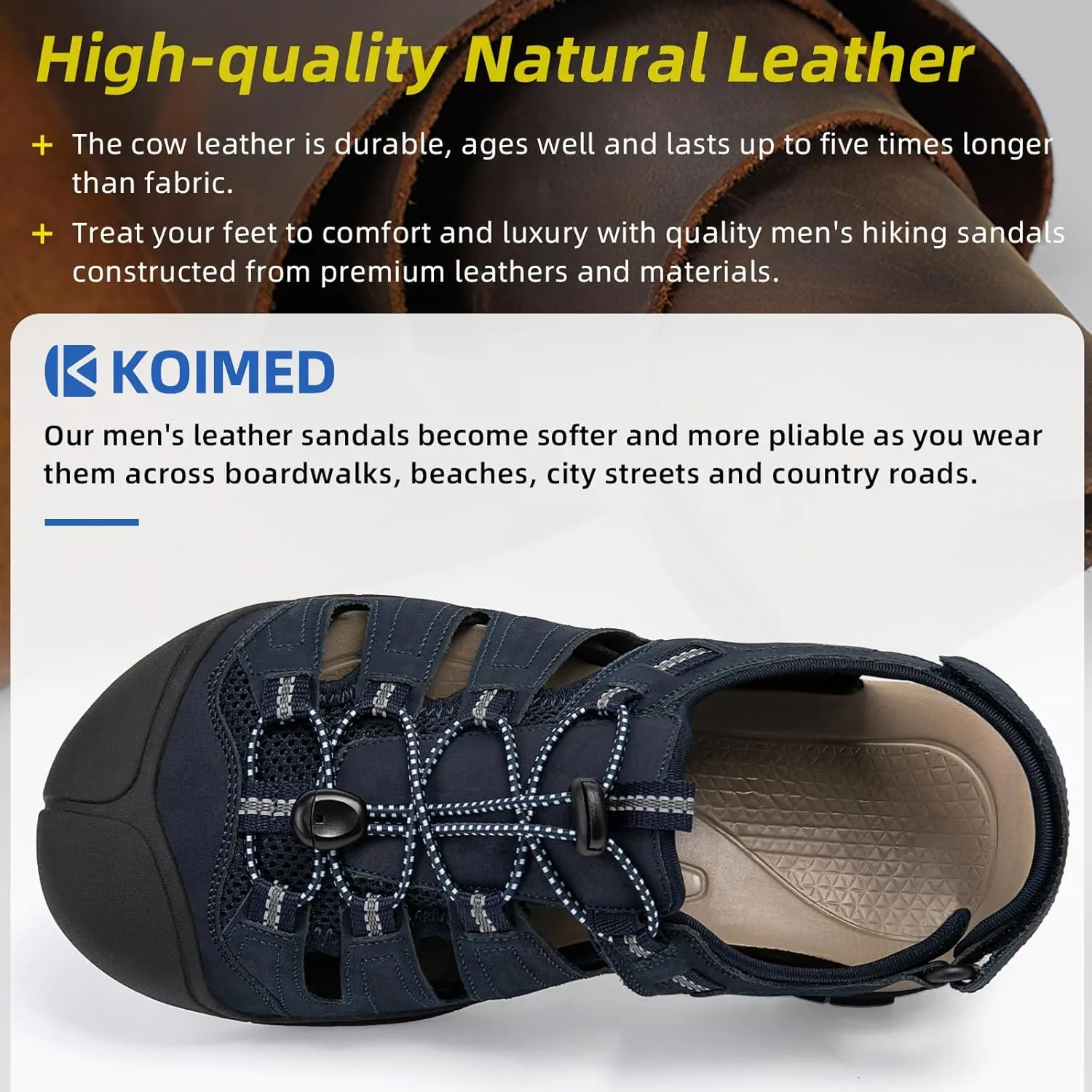 KOIMED Men's Hiking Leather Sandals Closed Toe Water Shoes For Summer Athletic Outdoor Walking Sports Trail River Fishing Wide Adjustable Waterproof Arch Support