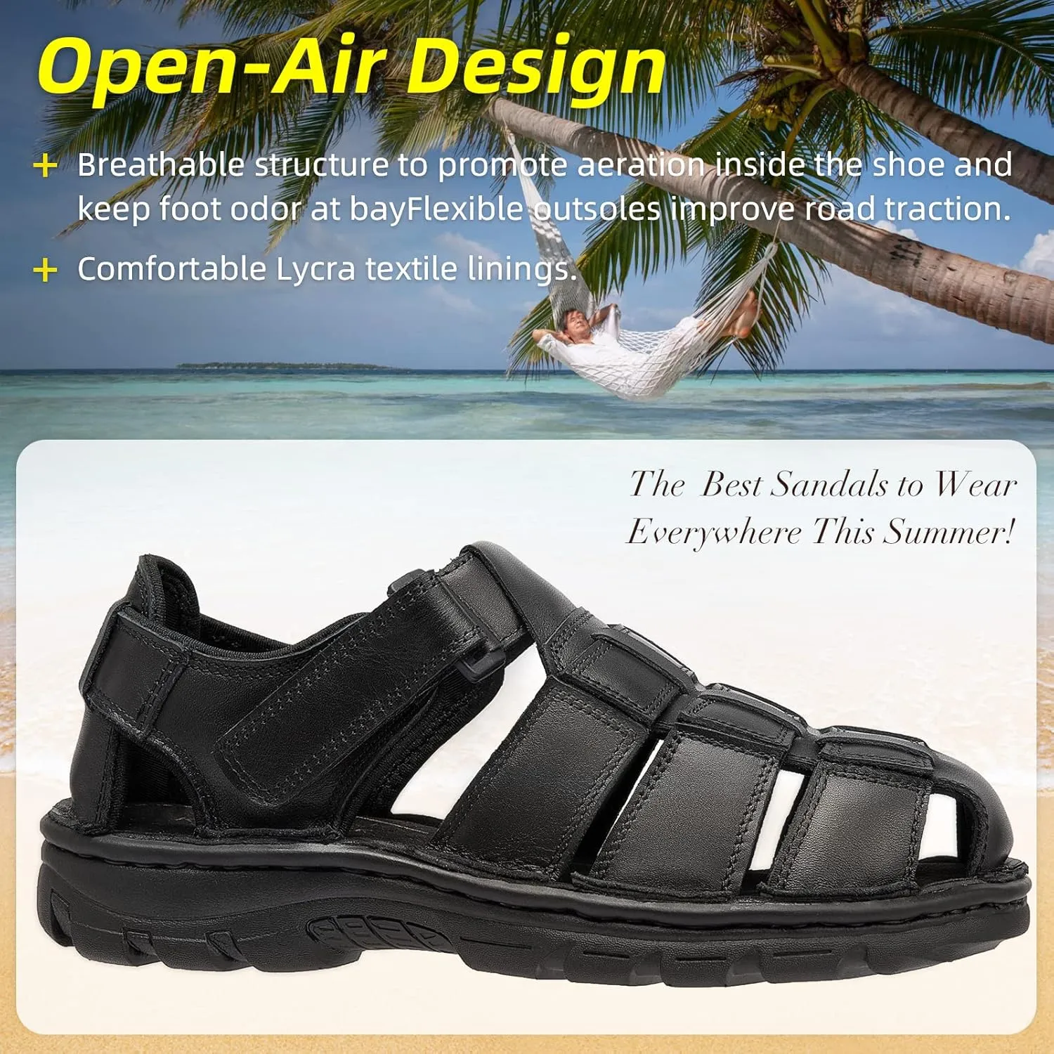 KOIMED Men's Hiking Leather Sandals Closed Toe Water Shoes For Summer Athletic Outdoor Walking Sports Trail River Fishing Wide Adjustable Waterproof Arch Support