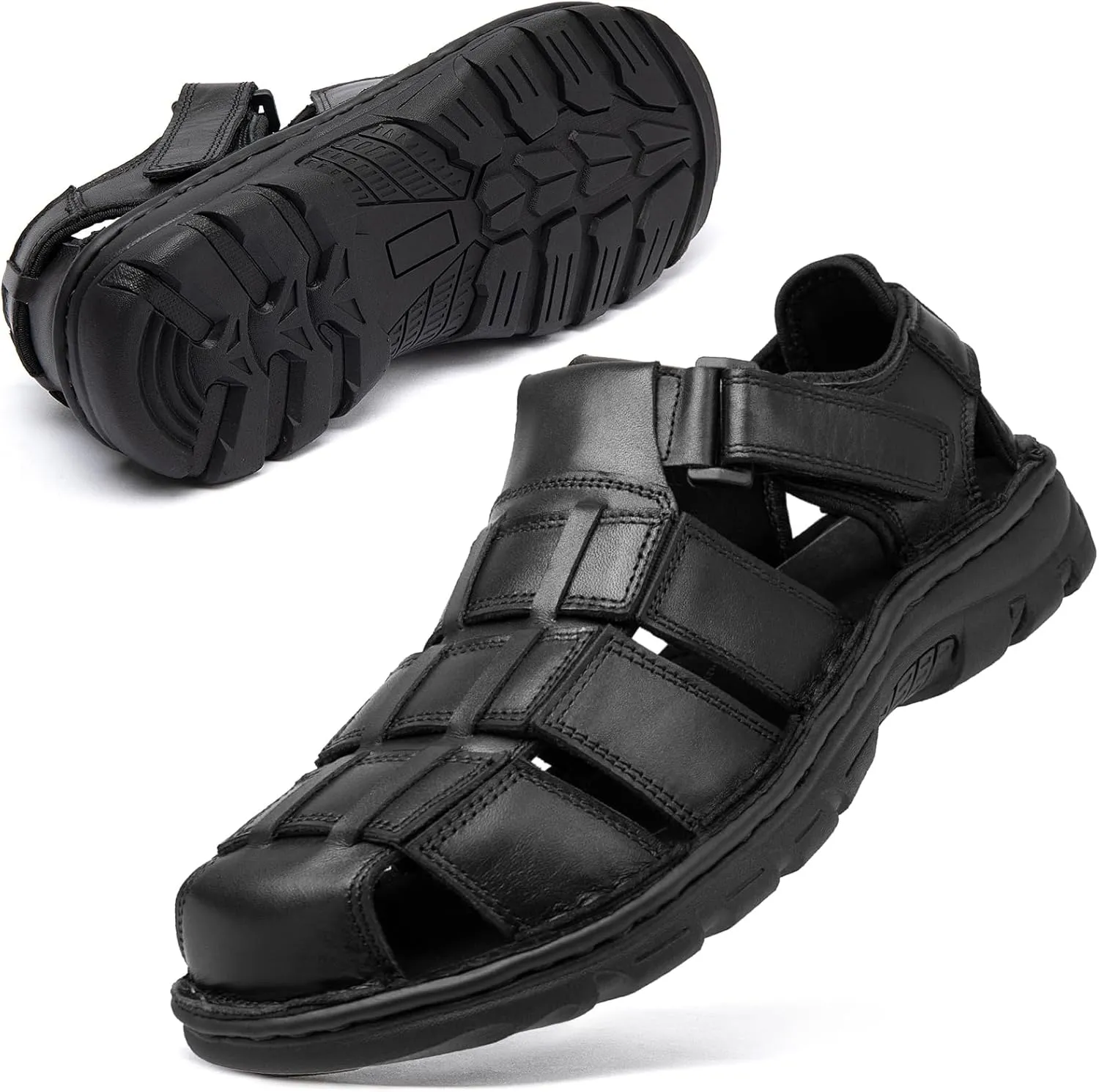 KOIMED Men's Hiking Leather Sandals Closed Toe Water Shoes For Summer Athletic Outdoor Walking Sports Trail River Fishing Wide Adjustable Waterproof Arch Support