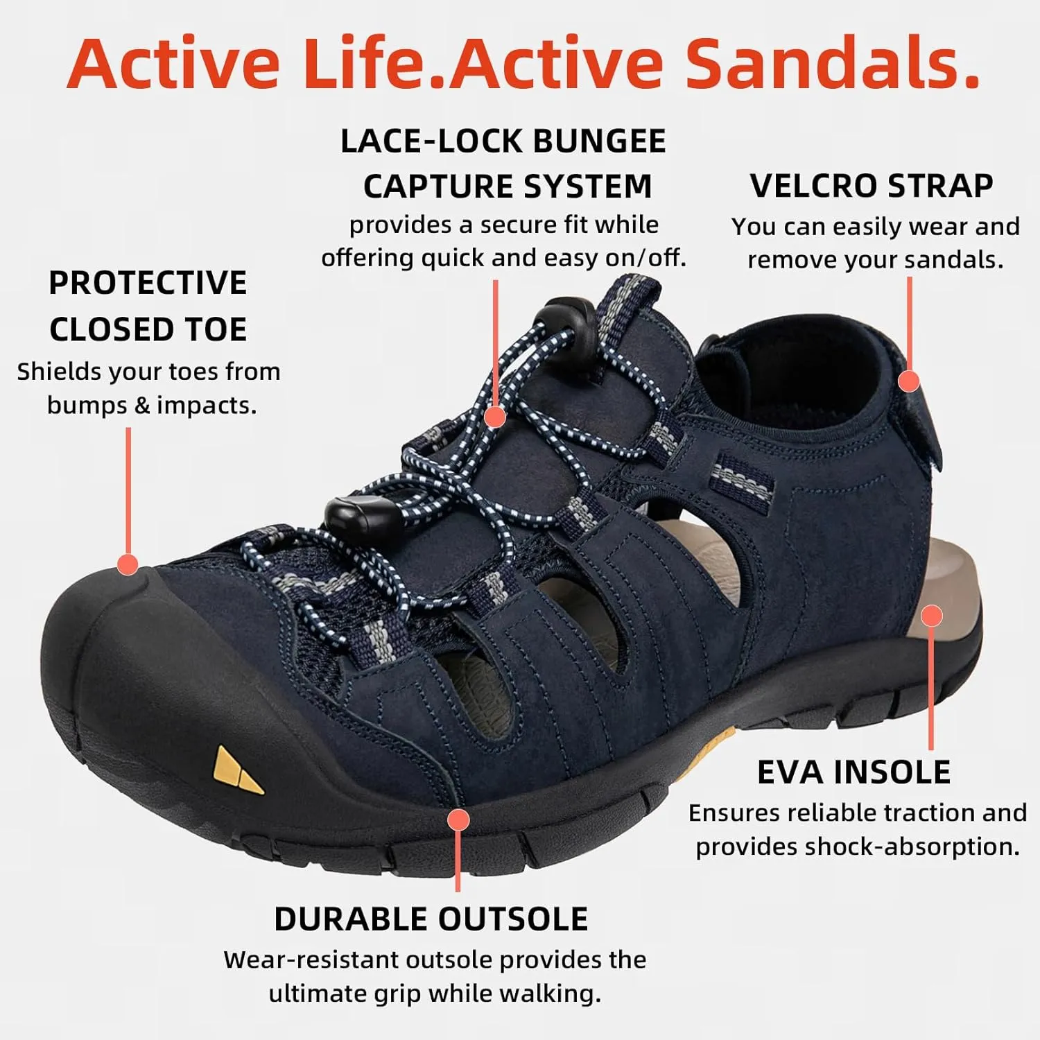 KOIMED Men's Hiking Leather Sandals Closed Toe Water Shoes For Summer Athletic Outdoor Walking Sports Trail River Fishing Wide Adjustable Waterproof Arch Support